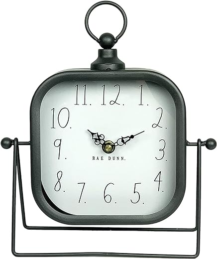 Rae Dunn Desk Clock - Battery Operated Modern Metal Rustic Design with Top Loop for Bedroom, Office, Kitchen - Small Classic Analog Display - Chic Home Décor for Desktop Table, Countertop