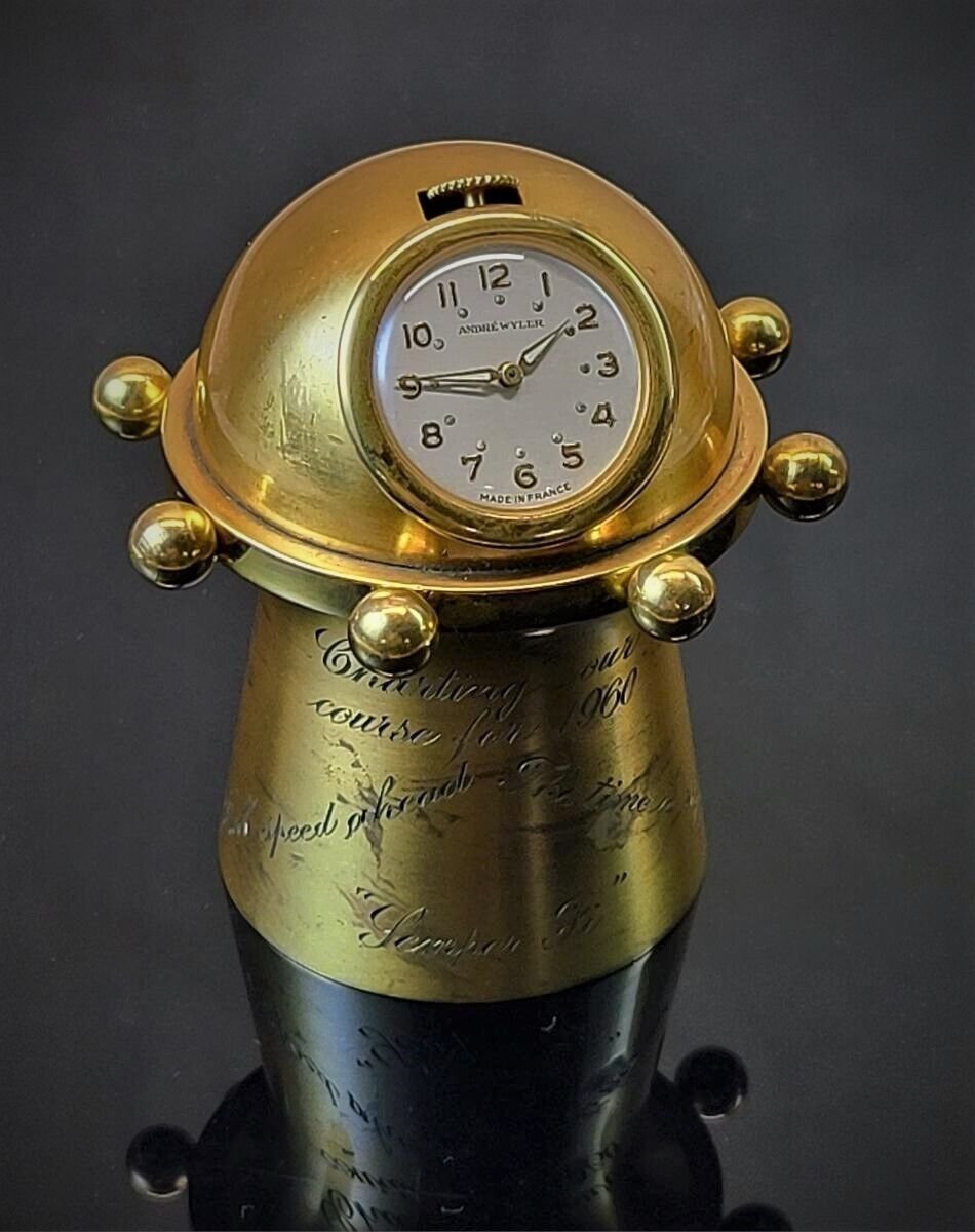 RARE 1960 French Gilt-Bronze Mini Capstan Clock by Andre Wyler 15-jewel movement