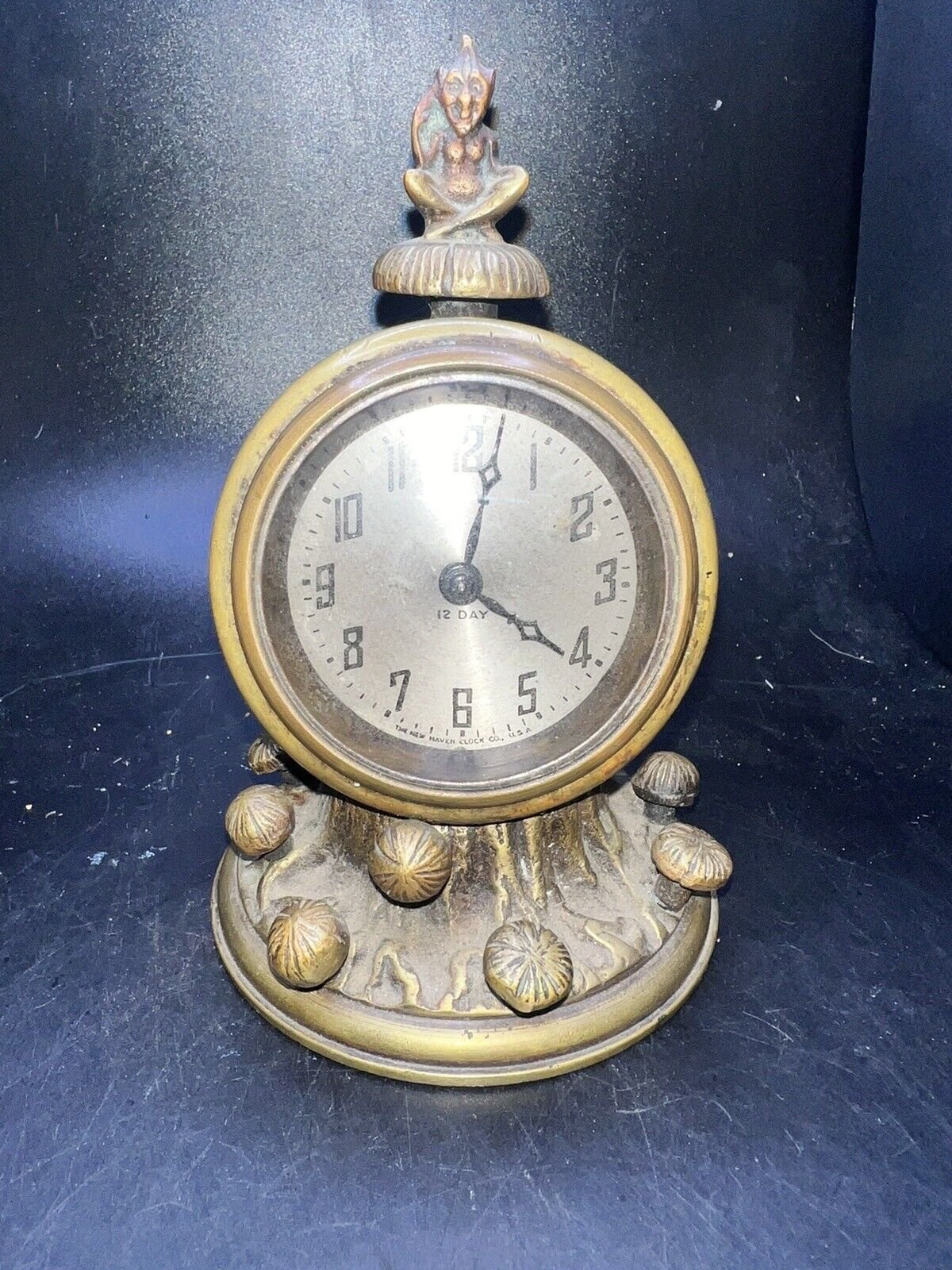 Rare Antique Dartmoor Pixie Bronze Alarm Clock 12 Day Decorated w Mushrooms 19th