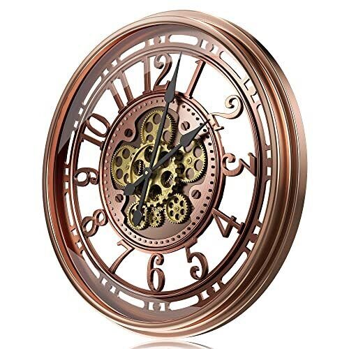 Real Moving Gears Wall Clock for Living Room 21 Inch Arabic Numeral Red Copper