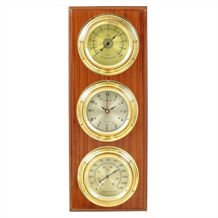 Rectangular Weather Station On Wooden Antique Finish Base | Round Solid Polished Brass Style Dials with Numerical Display | Hygrometer + Wall Clock + Thermometer | Marine Wall Decor Retro Ideas