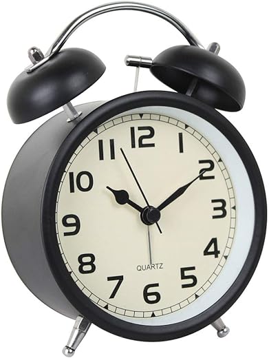 Retro Double Bell Alarm Clock Bedside Silent Non-Ticking (Black)