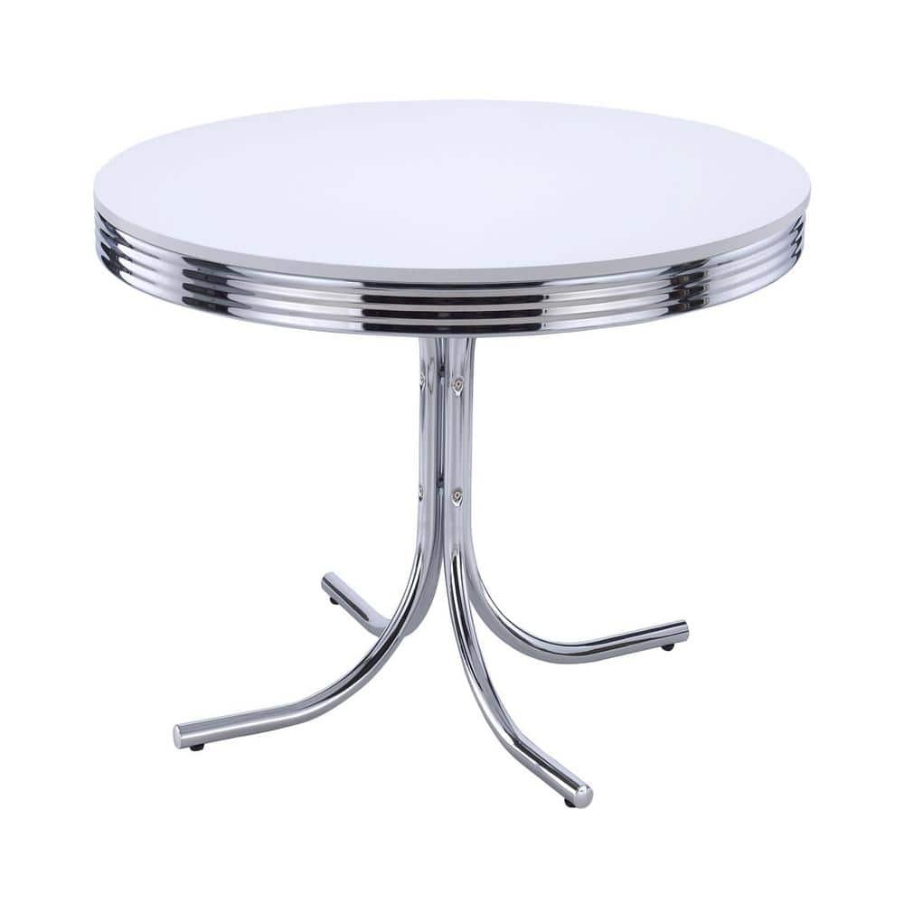 Retro Glossy White and Chrome Wood Top Round Pedestal Dining Table Seats...