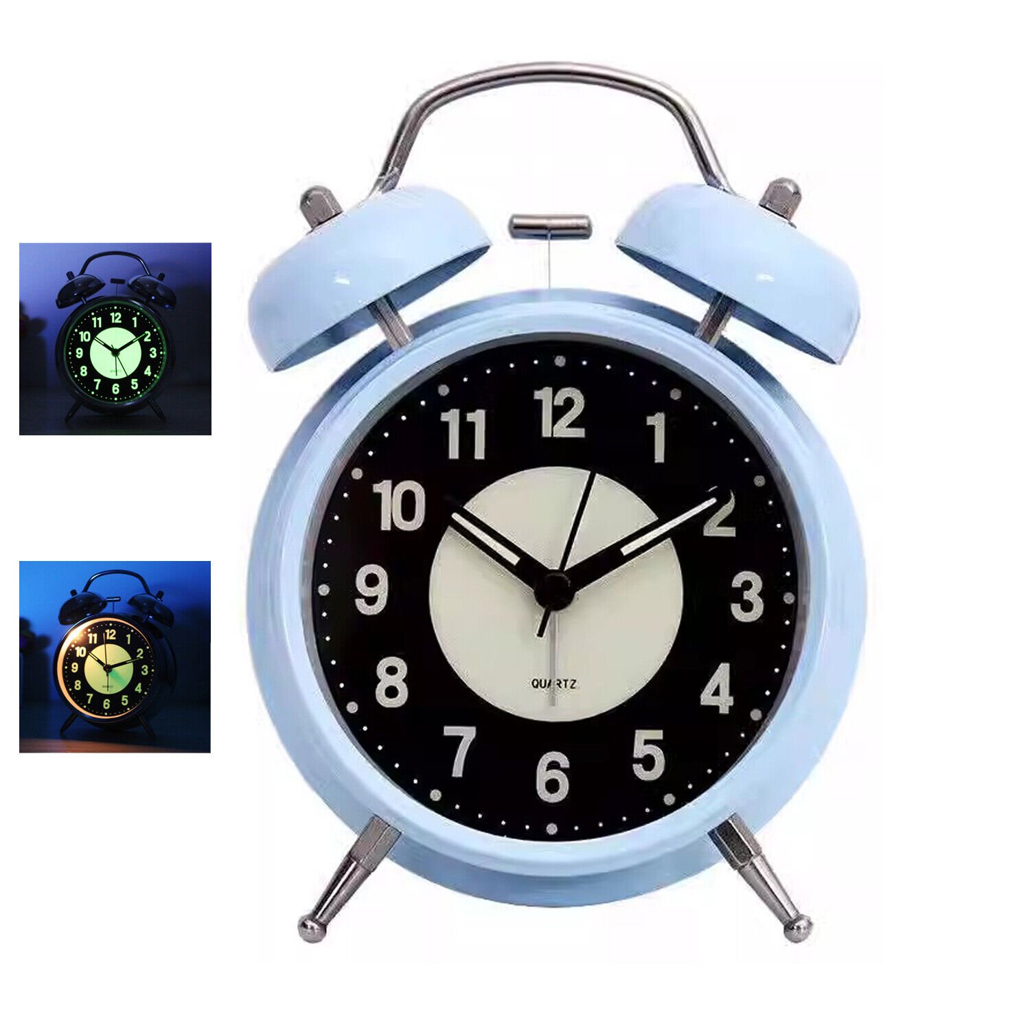 Retro Twin Bell Alarm Clock Quartz Silent Luminous Dial Nightlight Analog Clock