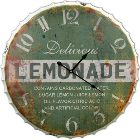 Round Lemonade Decorative Metal Wall Clock Retro Antique Look Bottle Cap 3D Quartz 13x13 inches