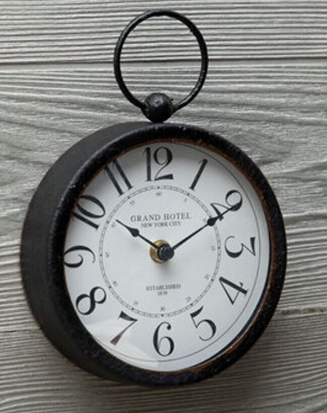 Round Vintage Distressed Black Metal Wall Clock Silent Grand Hotel Battery 8.69"