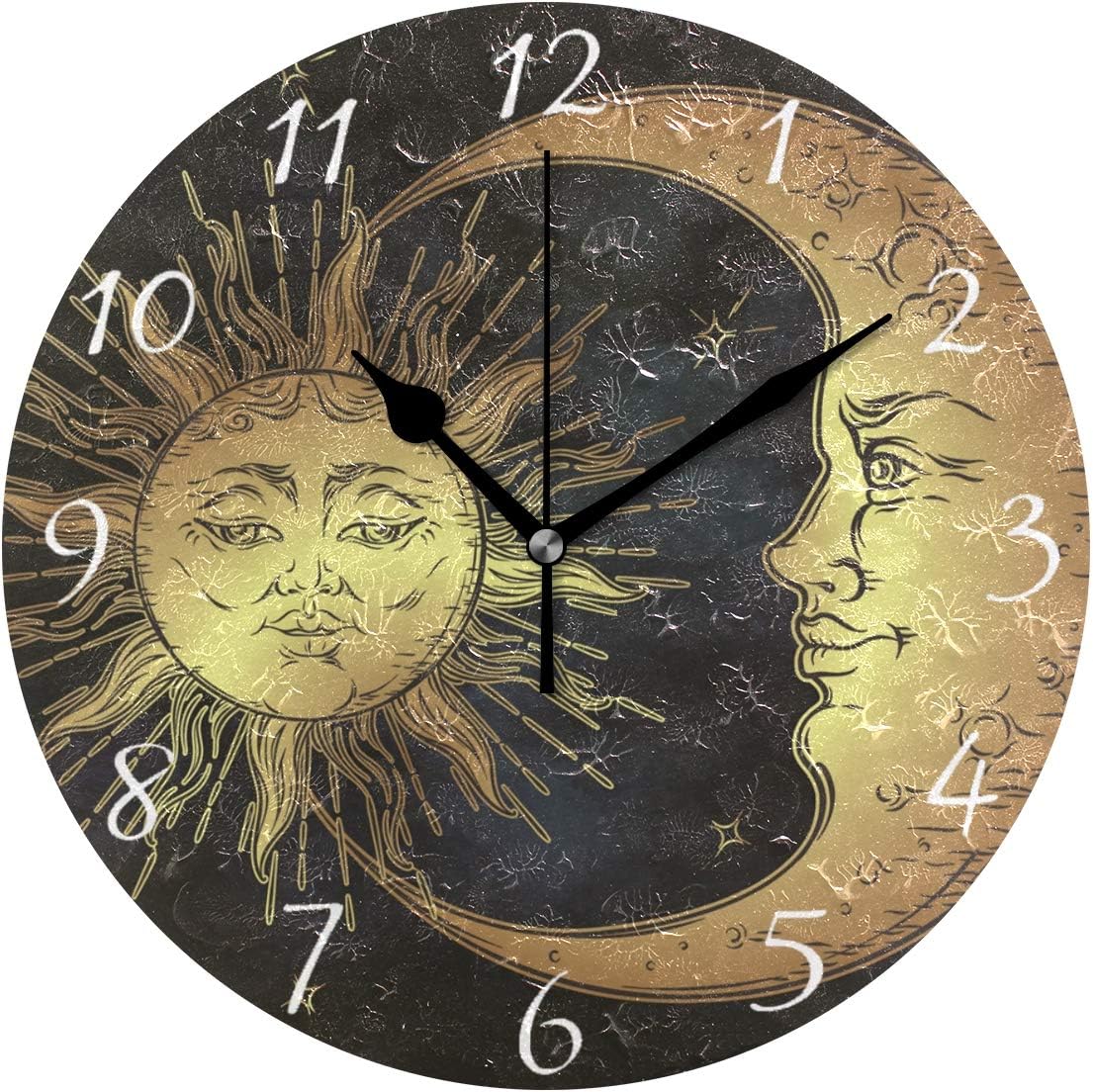 Round Wall Clock Boho Sun and Moon Stars Home Art Decor Non-Ticking Numeral Clock for Home Office