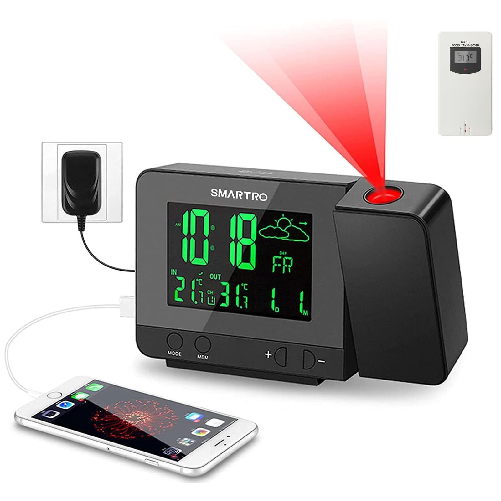 SC31B Digital Projection Alarm Clock with Weather Station, Indoor Outdoor The...