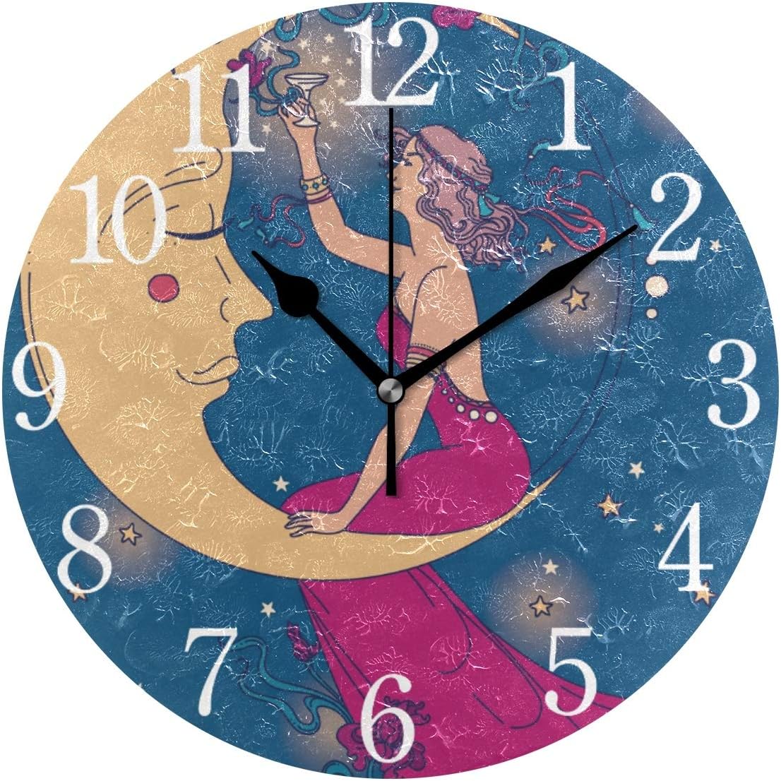 senya Wall Clock Beautiful Poster in Art Nouveau Style with Party Woman and Moon Starry Sky Silent Non Ticking Operated Round Easy to Read Home Office School Clock