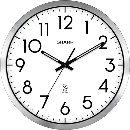 Sharp Atomic Analog Wall Clock - 12" Silver Brushed Finish - Sets Automatically- Battery Operated - Easy to Read - Easy to Use: Simple, Easy to Read Style fits Any Decor