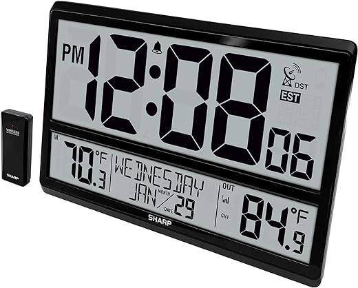 Sharp Atomic Clock - Never Needs Setting! –Easy to Read Numbers - Indoor/Outdoor Temperature, Wireless Outdoor Sensor - Battery Powered - Easy Set-Up!! (4 Numbers)