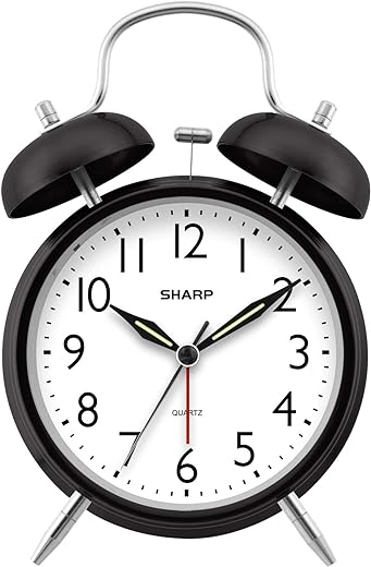 SHARP Twin Bell Alarm Clock - Loud Alarm - Great for Heavy Sleepers - Battery Operated Quartz Analog Clock (Midnight Black)