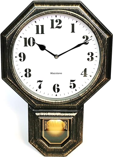 Signature Dark Iron Antique Mini Pendulum Wall Clock, Simulate Metallic Vintage Texture, Non Ticking Silent Sweep Movement, 11.4” x 17” x 2.4”, Retro Classic Style, Plastic Frame with ABS Glass