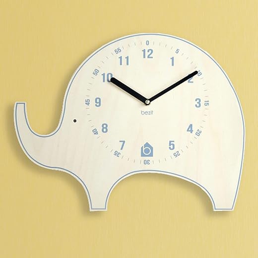 Silent Kids Wall Clock - Animal Wooden Clock for Home, Nursery, Office, Baby Room - Non-Ticking, Decorative, Cute (Elephant)