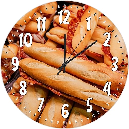 Silent Non-Ticking Food Wall Clock Bread Wooden Round Clocks Battery Operated Clock Rustic Wall Decor for Living Room, Kitchen, Home, Bathroom, 10-Inch