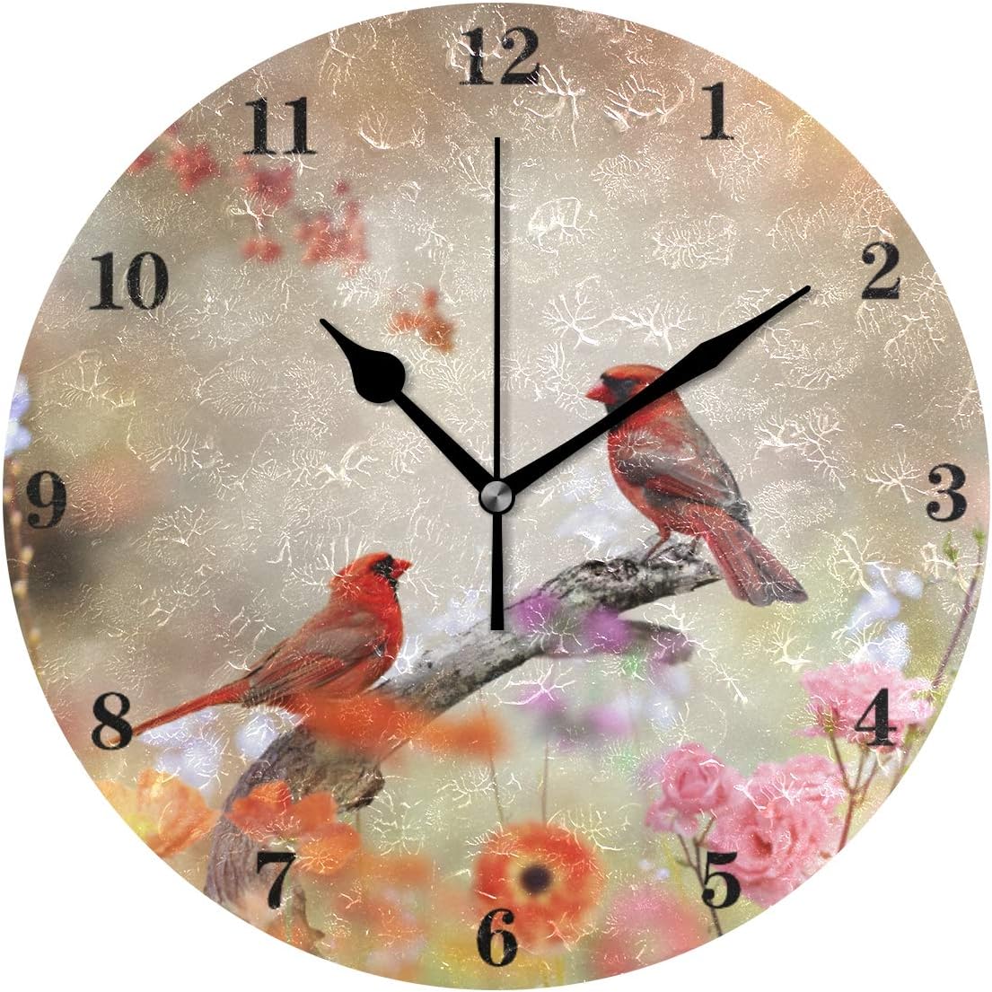 Silent Round Wall Clock Battery Operated Bird Cardinals Acrylic Creative Decorative Wall Clock for Kids Living Room Bedroom Office Kitchen Home Decor