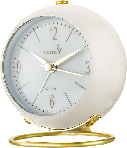 Silent Table Analog Alarm Clock No Ticking, Lighted on Demand and Battery Operated, Beep Sounds, Small Desk Clock(White)