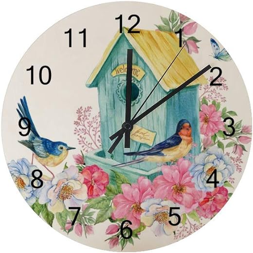 Silent Wooden Round Wall Clock Bird House Swallow Non Ticking Battery Operated Clocks for Home Office Living Room Bedroom