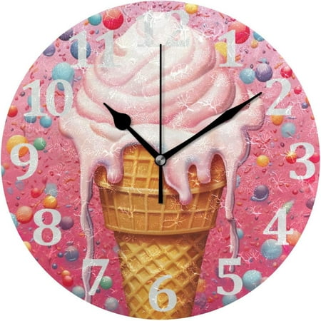 SKYSONIC Ice Cream Pink Wall Clock Round Vintage Silent Non Ticking Battery Operated Accurate Arabic Numerals Design for Home Kitchen Living Room Bedroom 10 Inch