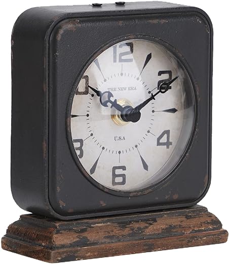 SOFFEE DESIGN Vintage Table Clock with Wooden Base, Classic Analog Quartz Desk Clock Battery Operated for Home Decor Living Room & Kitchen Antique Black