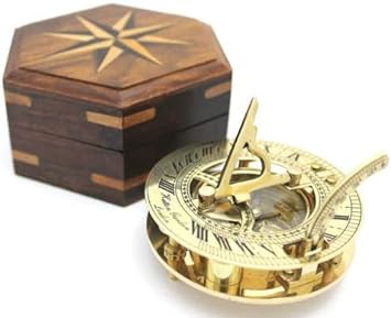 Solid Brass Sundial and Compass in Hardwood Box - Polished Brass Sundial Compass