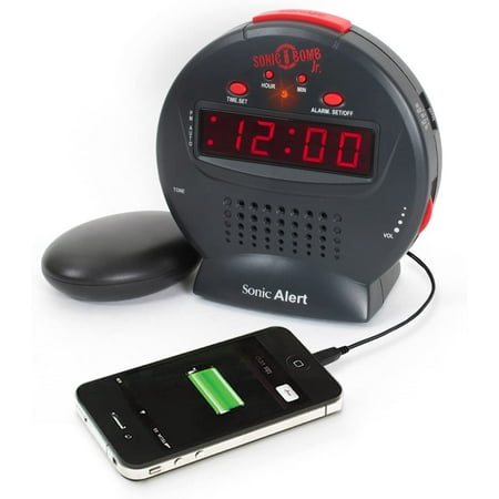 Sonic Alert Grey/Red Sonic Bomb Junior Alarm Clock with Bed Shaker - Vibrating Alarm Clock for Heavy Sleepers