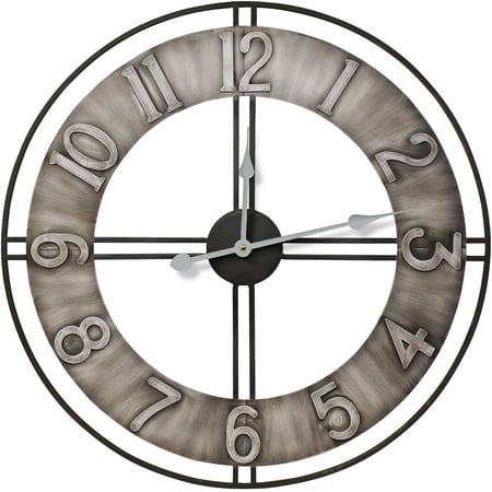 Sorbus Large Wall Clock, 24 Decorative for Kitchen, Bedrooms, Office, Analog Modern Farmhouse Style. Silent, Round Chunky Number, Home Decor, Quartz Battery Operated, Gray Metal