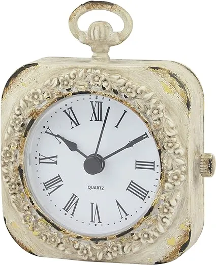 Stonebriar Small 4 Inch Decorative Table Top Clock with Roman Numerals and Antique White Finish