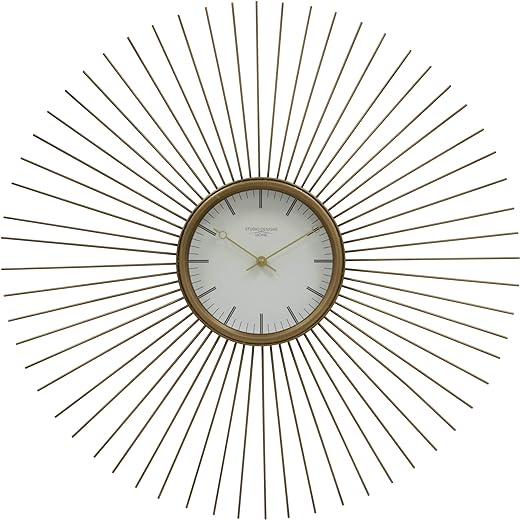 Studio Designs Home Mod 30 Inch Retro Starburst Metal Wall Clock Large with Hour and Minute Markers Quartz Movement, Golden Brass (73019)