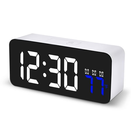 SZELAM Digital Alarm Clocks Bedside with Temperature Display Snooze Brightness Voice Control, 12/24hr, USB Battery Powered LED Alarm Clock with 3 Alarms for Bedside Bedroom Office Travel, White