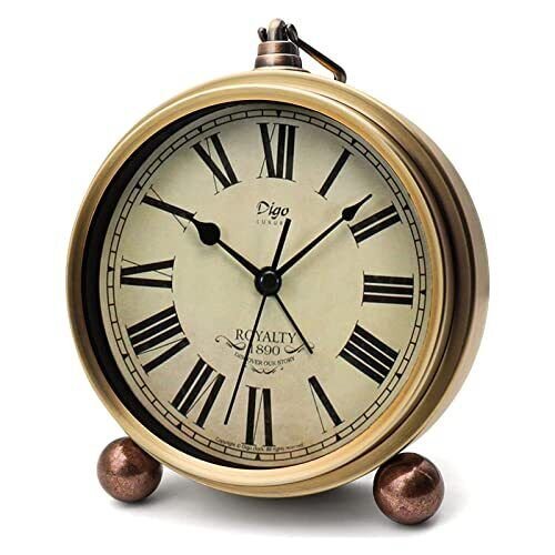Table Clock Golden Metal Retro Non-Ticking Alarm Clock for Bedroom Vintage Ba...