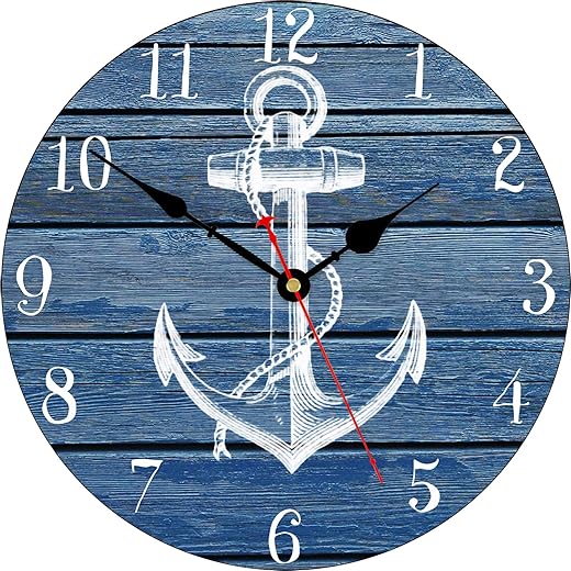 TAHEAT 8 Inch Blue Anchor Wall Clock, Nautical Coastal Beach Boat Compass Decor, Small Battery Operated Wall Clocks for Kitchen/Bedroom/Bathroom/Office