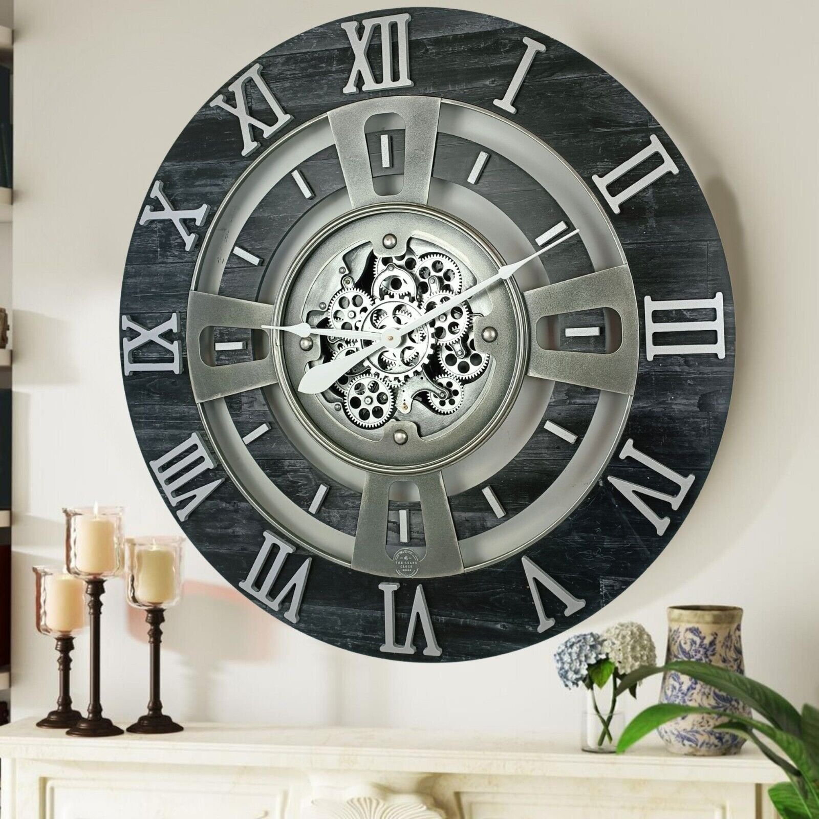 The Gears Clock 36'' Inch Real Moving Gear Wall Clock England Line Vintage Black