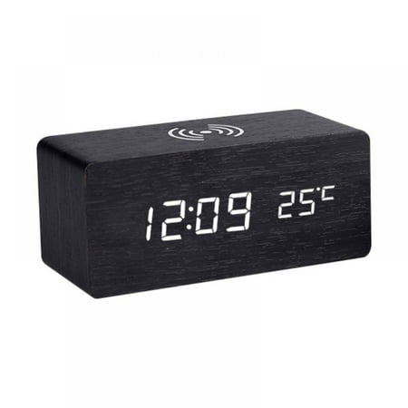 The Most Advanced Digital Wooden Alarm Clock With Wireless Charging Function, 3 Alarm LED Displays, Black and white