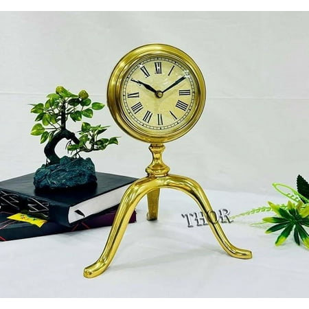 THOR INSTRUMENTS Brass Vintage Analog Vintage Table Clock on Stand, Decorative Desk and Shelf Clock Rustic Mantel Clock Non-Ticking, Home Decor