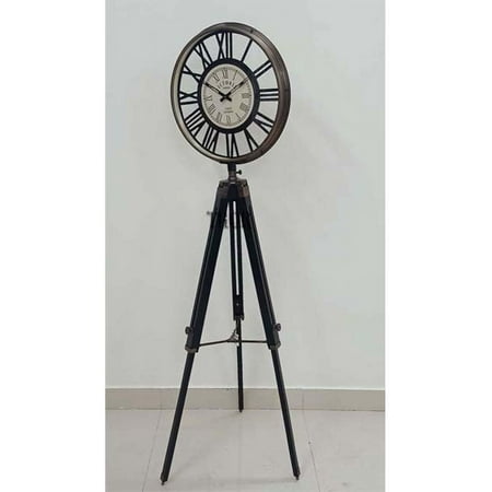 THOR INSTRUMENTS Marine Style Vintage Antique Round Clock Floor Clock Wooden Tripod Stand Decorative Stand Marine Floor Black Stand