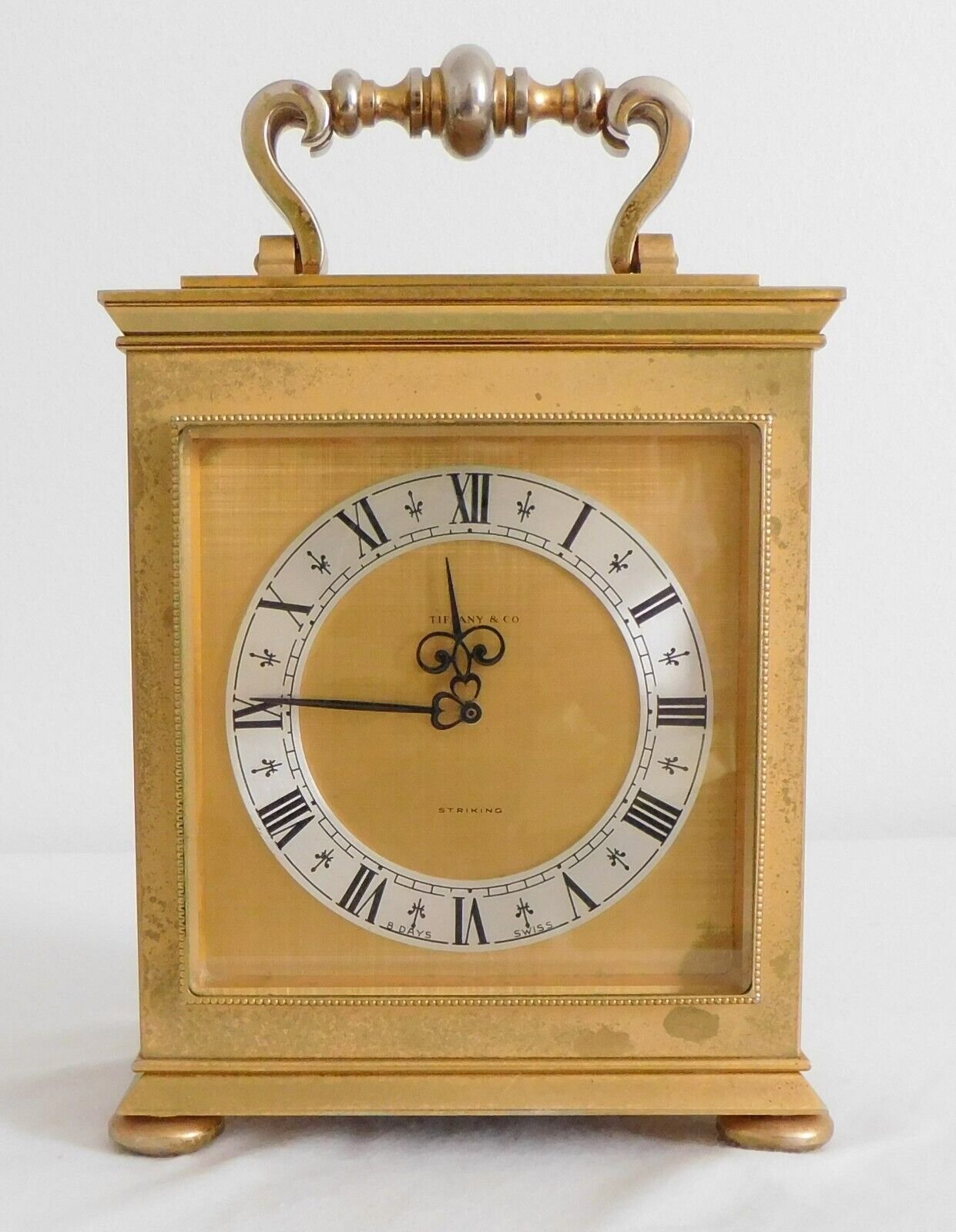 TIFFANY 8 DAY SWISS MADE GILT BRONZE/BRASS STEM WIND CARRIAGE STYLE DESK CLOCK
