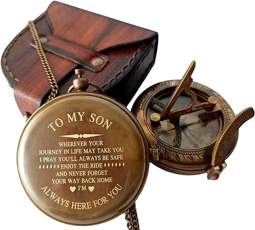 to My Son Compass Personalized Sundial Compass with Leather Case/Gift for Son/to My Son Gifts/Mom to Son Gift/Dad to Son/Grandson Gift, Directional Magnetic Sundial Compass