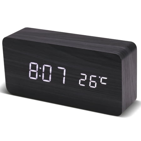 Topekada Wooden Digital Alarm Clock for Bedrooms, Aesthetics Desk Clock with Large Numbers LED Time Display, 4 Dimmer Bedside Clocks, USB Port and Battery Back-up, 12/24H with Instruction Manual(Black)