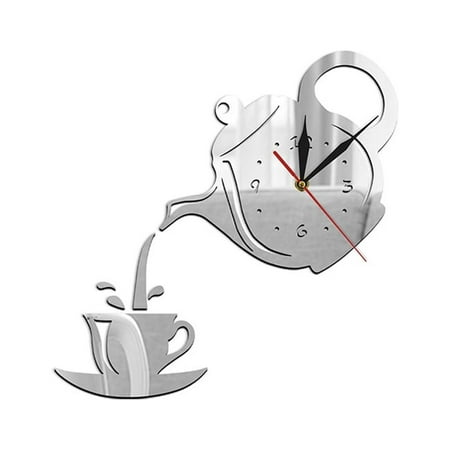 Tssuoun DIY 3D Wall Clock Acrylic Coffee Cup Teapot Decorative Kitchen Wall Clock Living Room Dining Room Home Decoration Clock