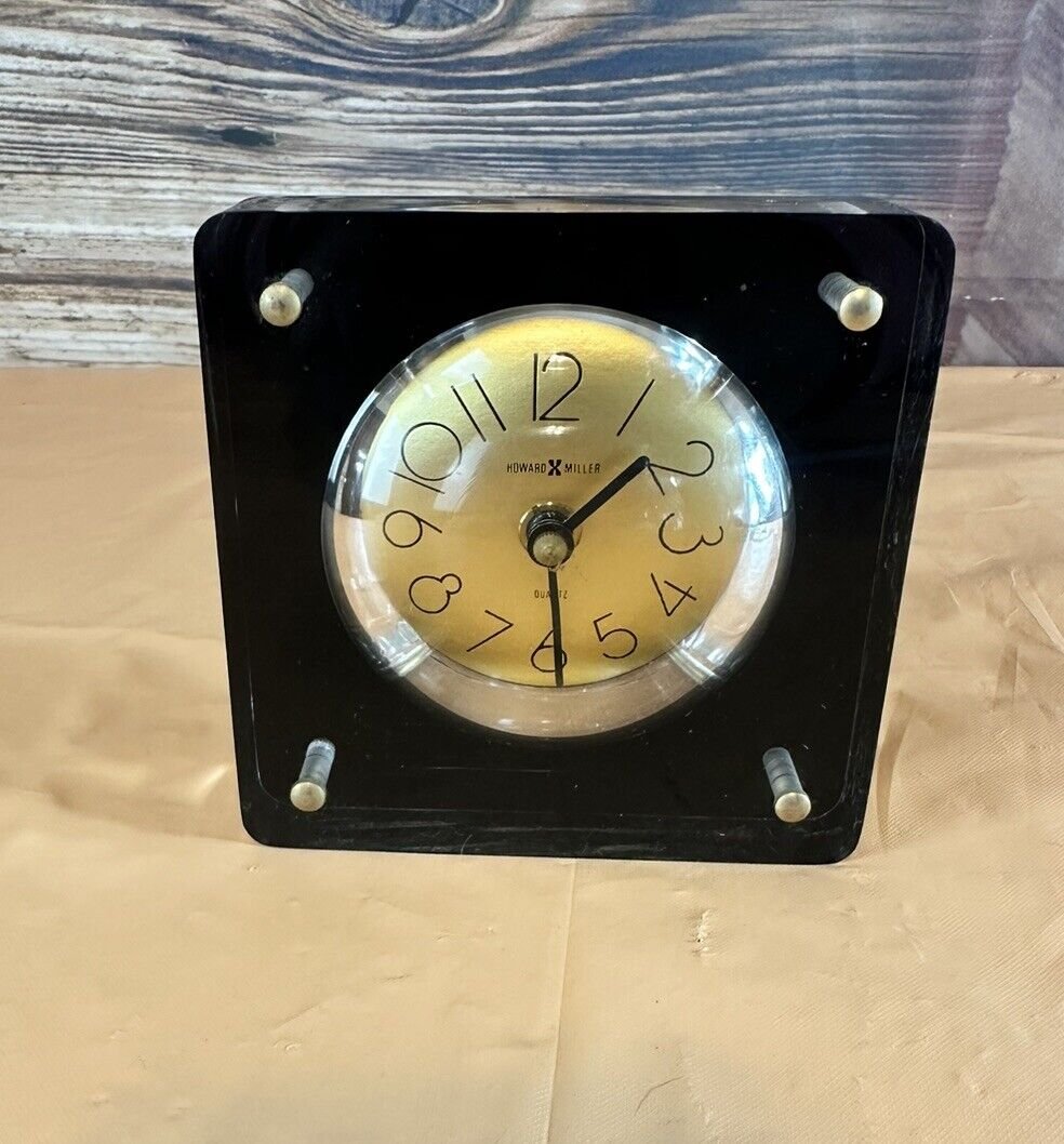 Vintage 1970 Howard Miller Table Desk Clock in Lucite Block w/Gold Dial Face MCM