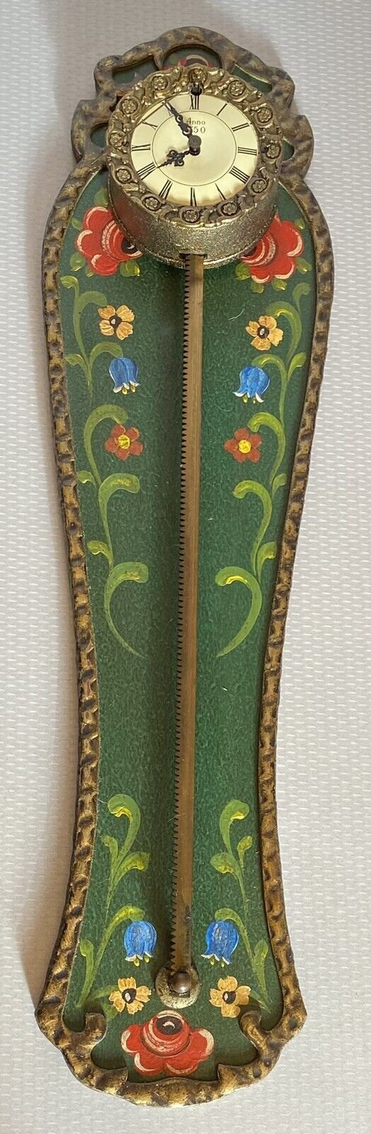 Vintage Anno 1750 Sawtooth Gravity Wall Clock Green Hand Painted Folk Floral 24"
