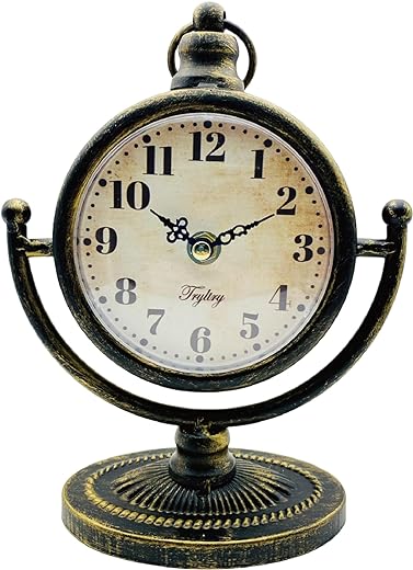 Vintage Black Gold Metal Table Clock，Battery Operated Decorative Silent Non-Ticking，Table Desk Shelf Clocks for Living Room Decor-Black Gold