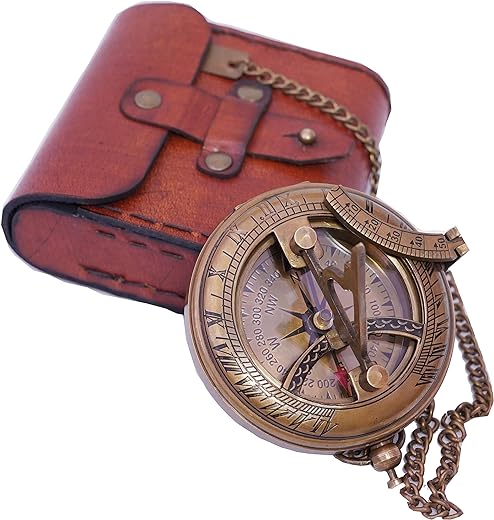 Vintage Brass Sundial Compass with Leather Case - Antique Brass & Copper Sun Clock for Camping, Hiking, Touring - Engraved Gift for Him - Nautical Ship Replica Watch - Sundial Clock in Box