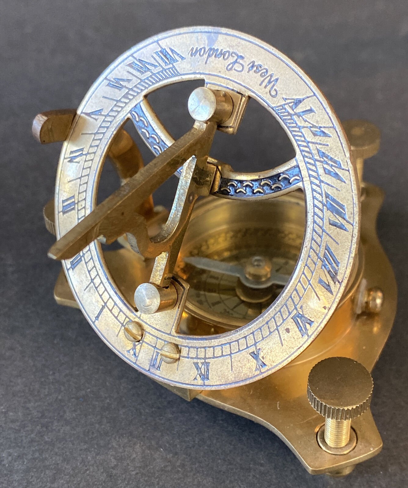 Vintage Brass West London Maritime Compass Sundial Nice Patina Adjustable