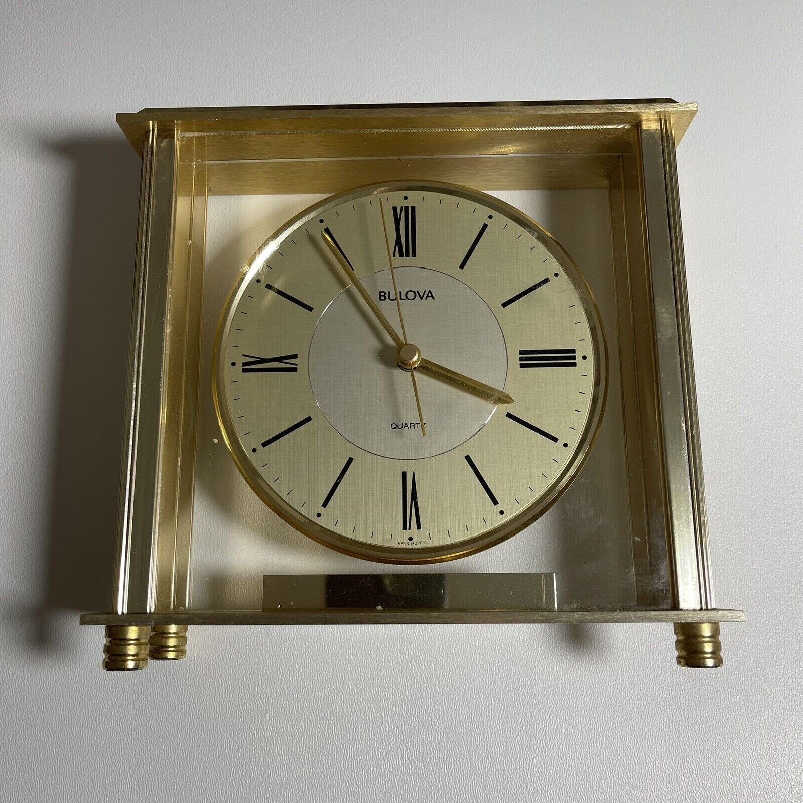 Vintage Bulova Brushed Brass Quartz Desk/Mantle Clock, Battery Operated, Gold