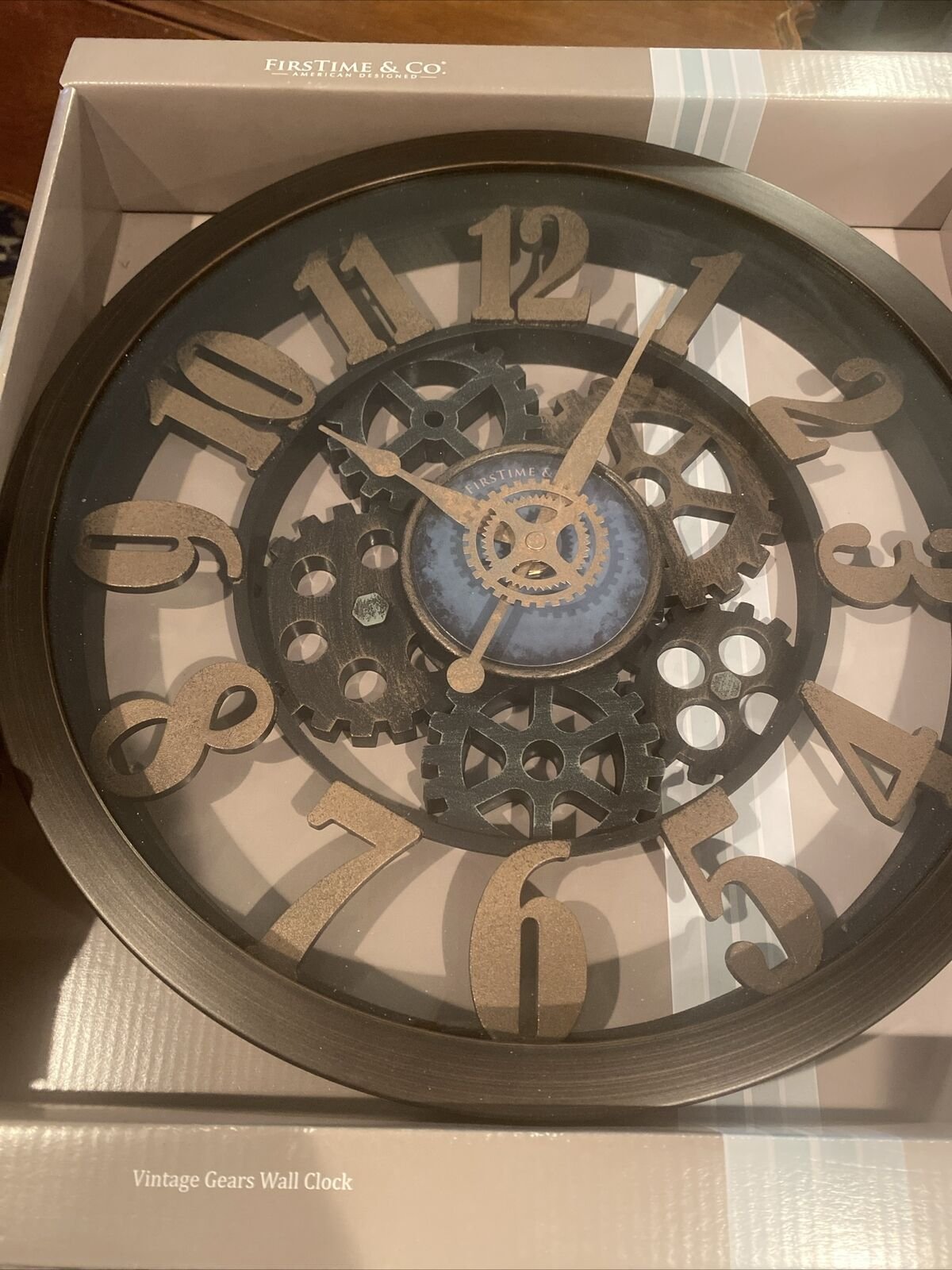 Vintage Gears 14" Industrial Brown Bronze Blue Wall Round Wall Clock NEW In Box