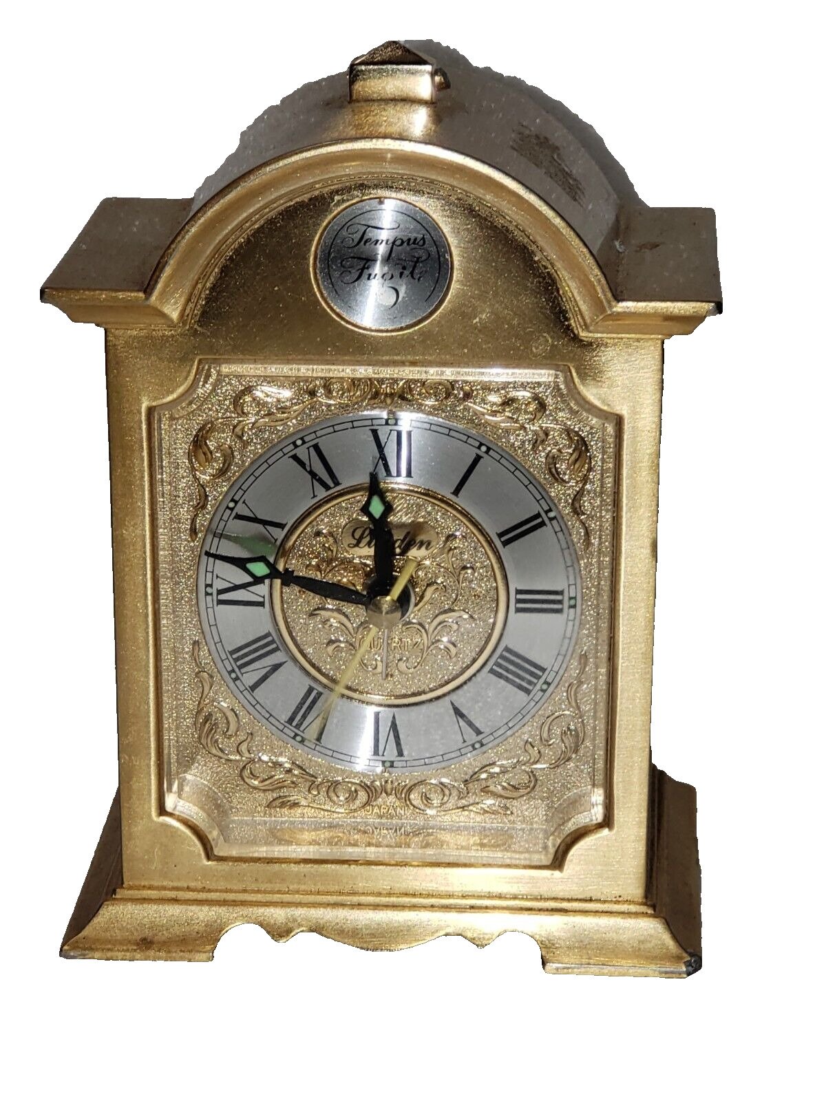 Vintage LINDEN TEMPUS FUGIT QUARTZ CLOCK Desk Mantel Gold Tone
