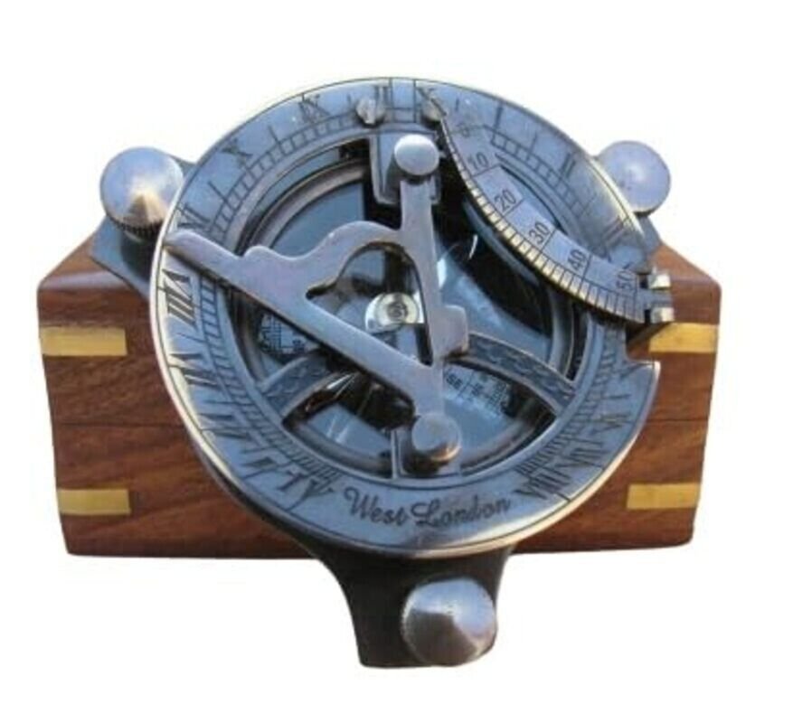 Vintage Magnetic Brass Sundial Compass Handmade Directional With Wooden Case
