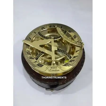 Vintage Marine Brass Sundial Compass With Leather Case